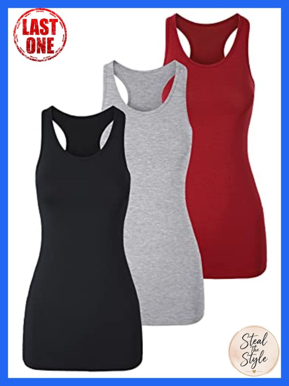 Long Cotton Racerback Tank Tops Slim Fit Layering Yoga Gym 3 Pack